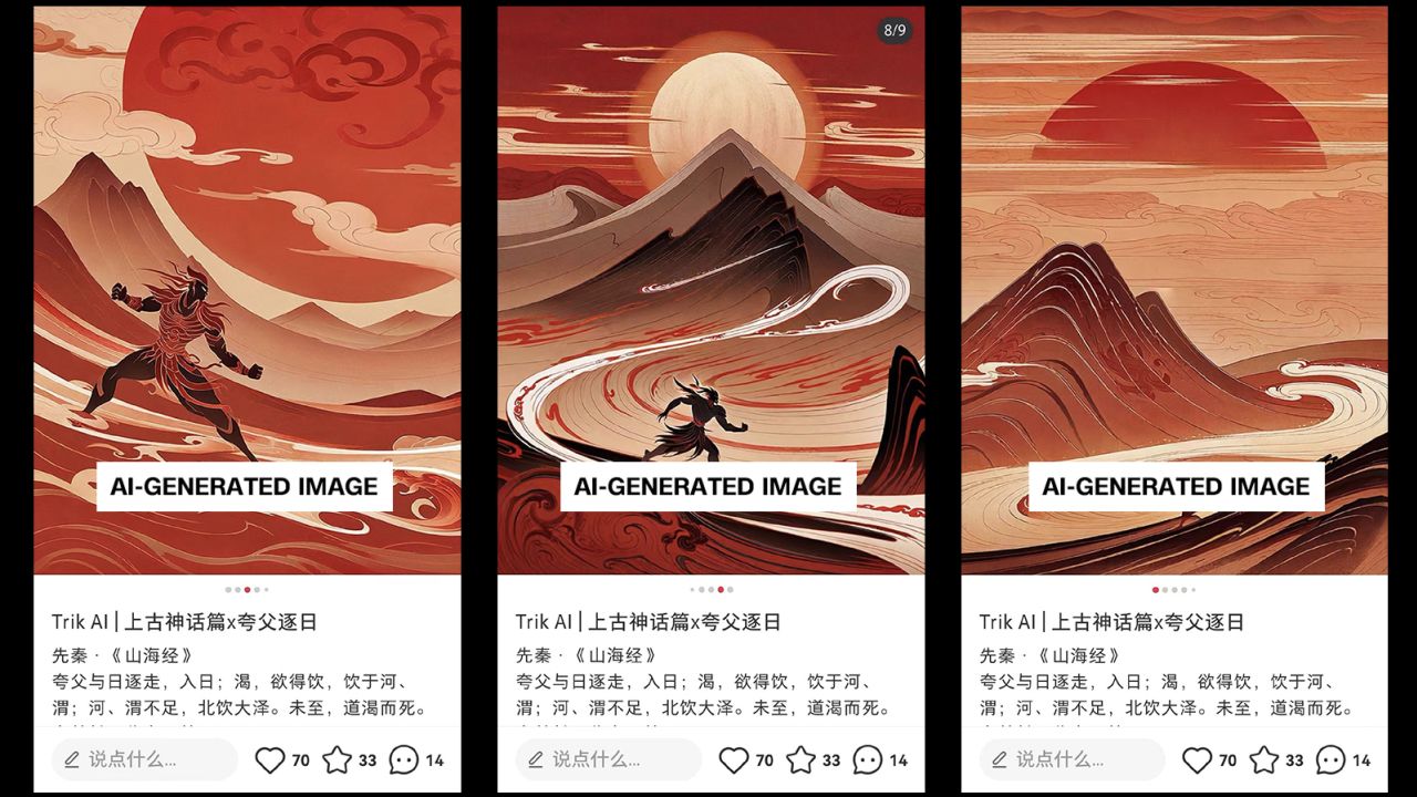 Screenshots of AI-generated artworks on Xiaohongshu, taken by the artist Snow Fish.
