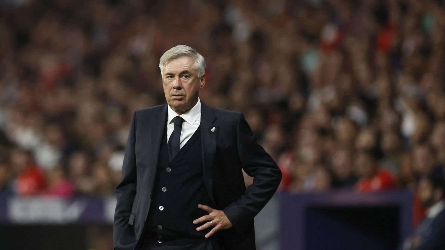 Real Madrid's Italian coach Carlo Ancelotti is pictured during the Spanish Liga football match between Club Atletico de Madrid and Real Madrid CF at the Metropolitano stadium in Madrid on September 24, 2023. (Photo by OSCAR DEL POZO / AFP) (Photo by OSCAR DEL POZO/AFP via Getty Images)