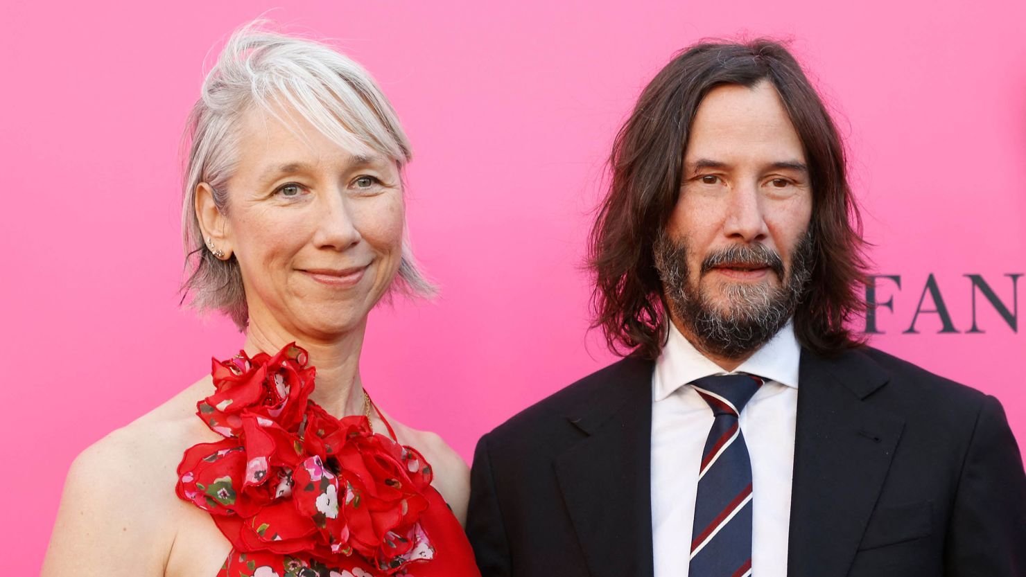 Alexandra Grant (L) and Keanu Reeves (R) arrive for the MOCA Gala 2023 at the Geffen Contemporary at MOCA (Museum of Contemporary Art) in Los Angeles, April 15, 2023. 