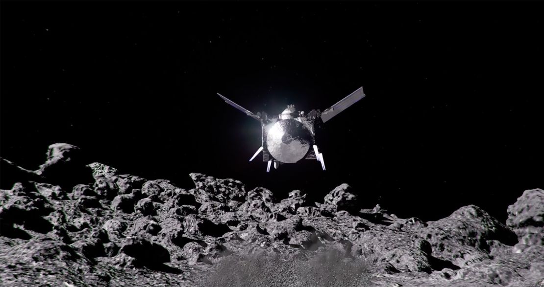An artist's rendering shows OSIRIS-APEX kicking up dust so it can study Apophis.