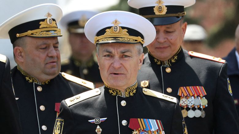 Commander of the Russian Black Sea Fleet Vice-Admiral Viktor Sokolov (C) attends a ceremony marking 240th anniversary of Russia's Black Sea Fleet in Sevastopol, Crimea May 13, 2023. REUTERS/Alexey Pavlishak