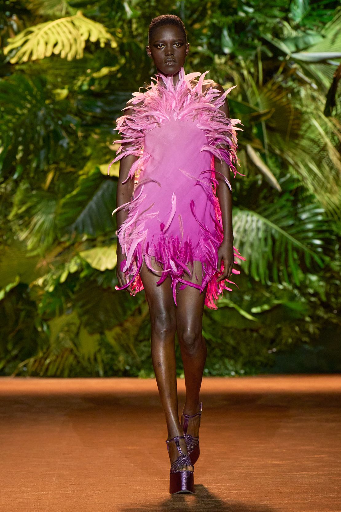 Birds of a feather did indeed flock together at Roberto Cavalli, whose collection featured a range of feather prints as well as feather-trimmed pieces.