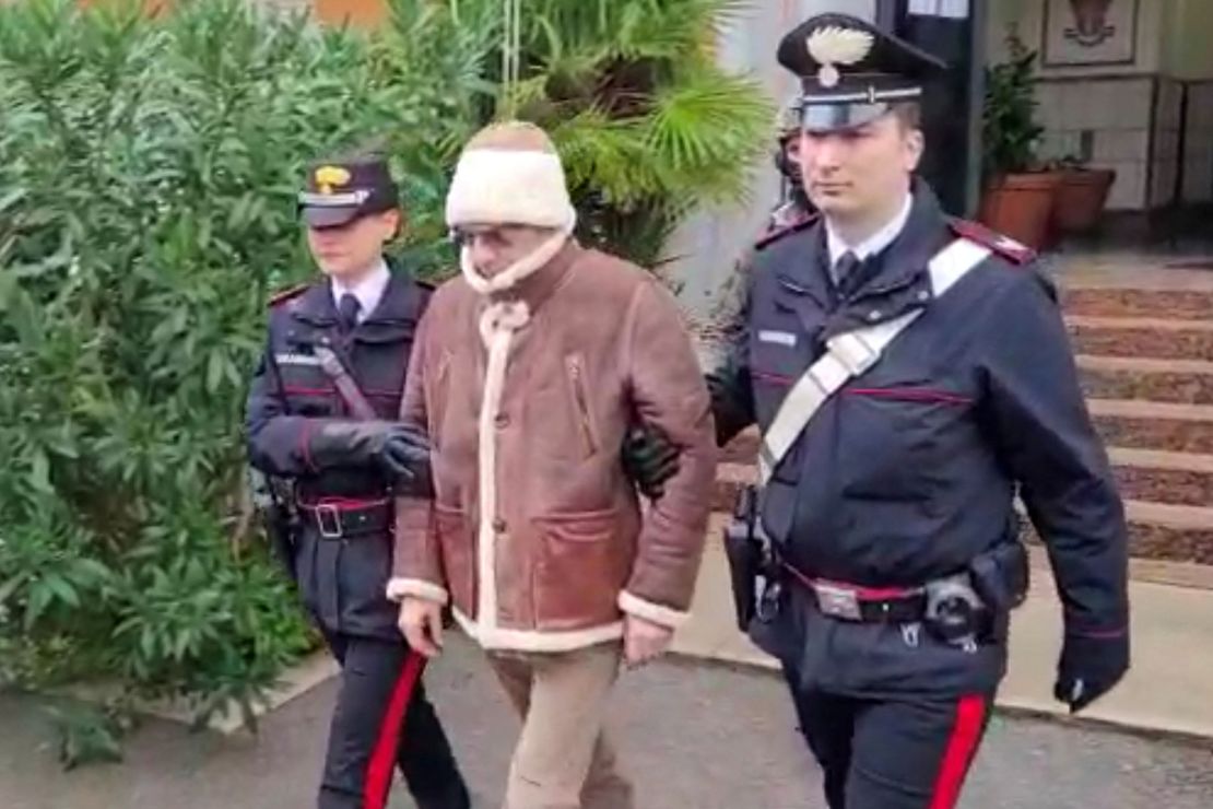 A screengrab taken from a video shows Matteo Messina Denaro being escorted out of a Carabinieri police station after his January arrest in Palermo, Italy.