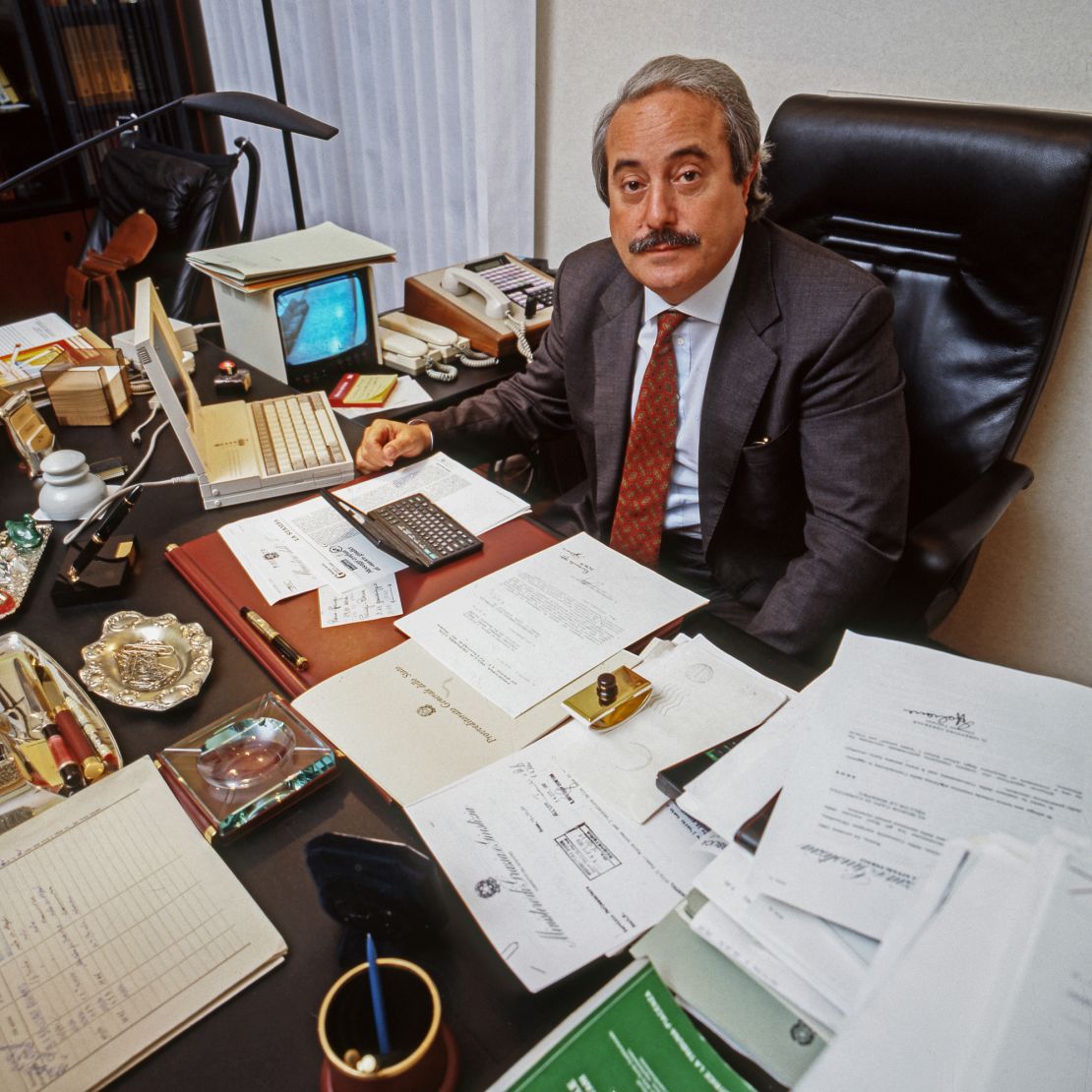 Giovanni Falcone, is seen in his office at the Italian Ministry of Justice in 1991. Matteo Messina Denaro was found guilty of the 1992 murder of Falcone and another prosecutor.