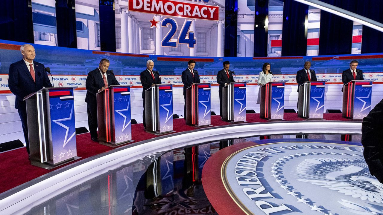 Republican candidates on stage at the first GOP debate in Milwaukee, Wisconsin, on August 23, 2023. 