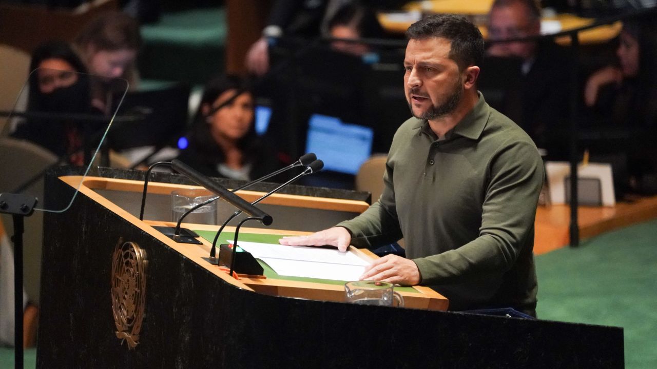 Ukrainian President Volodymyr Zelensky urged a global front against Russian aggression in a dramatic speech delivered last month during the UN General Assembly.