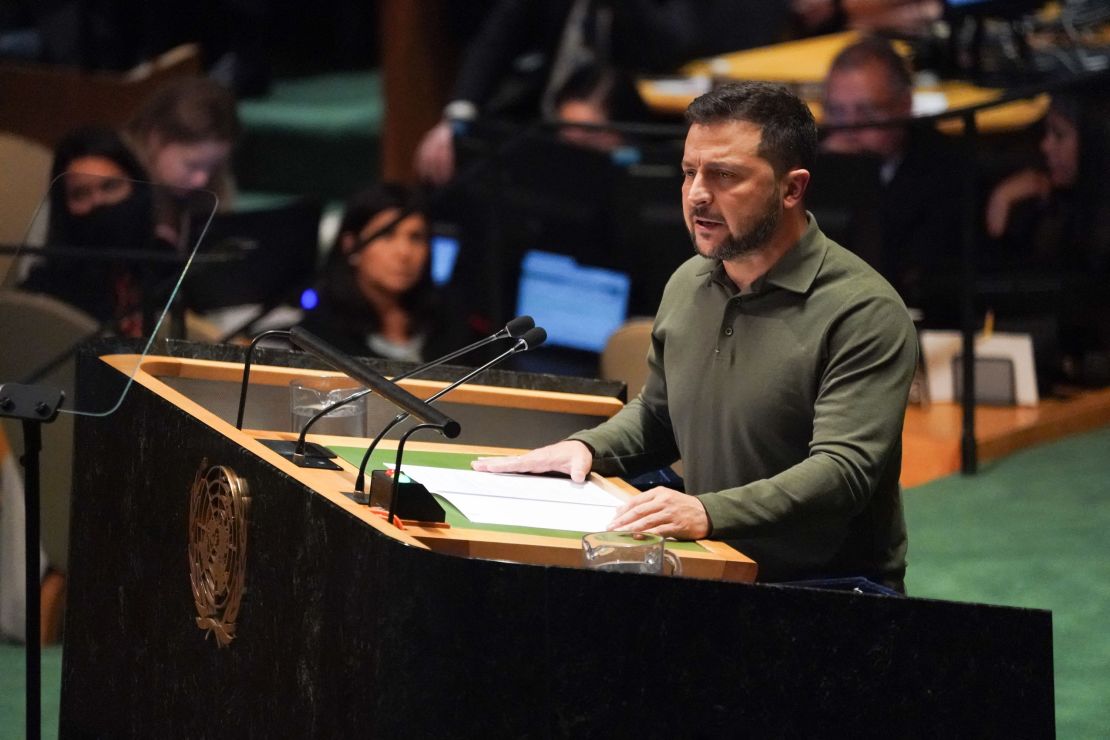 Ukrainian President Volodymyr Zelensky urged a global front against Russian aggression in a dramatic speech delivered last month during the UN General Assembly.