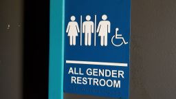Close-up of sign for all gender restroom in Dublin, California, with male, female and gender-inclusive illustrations. 