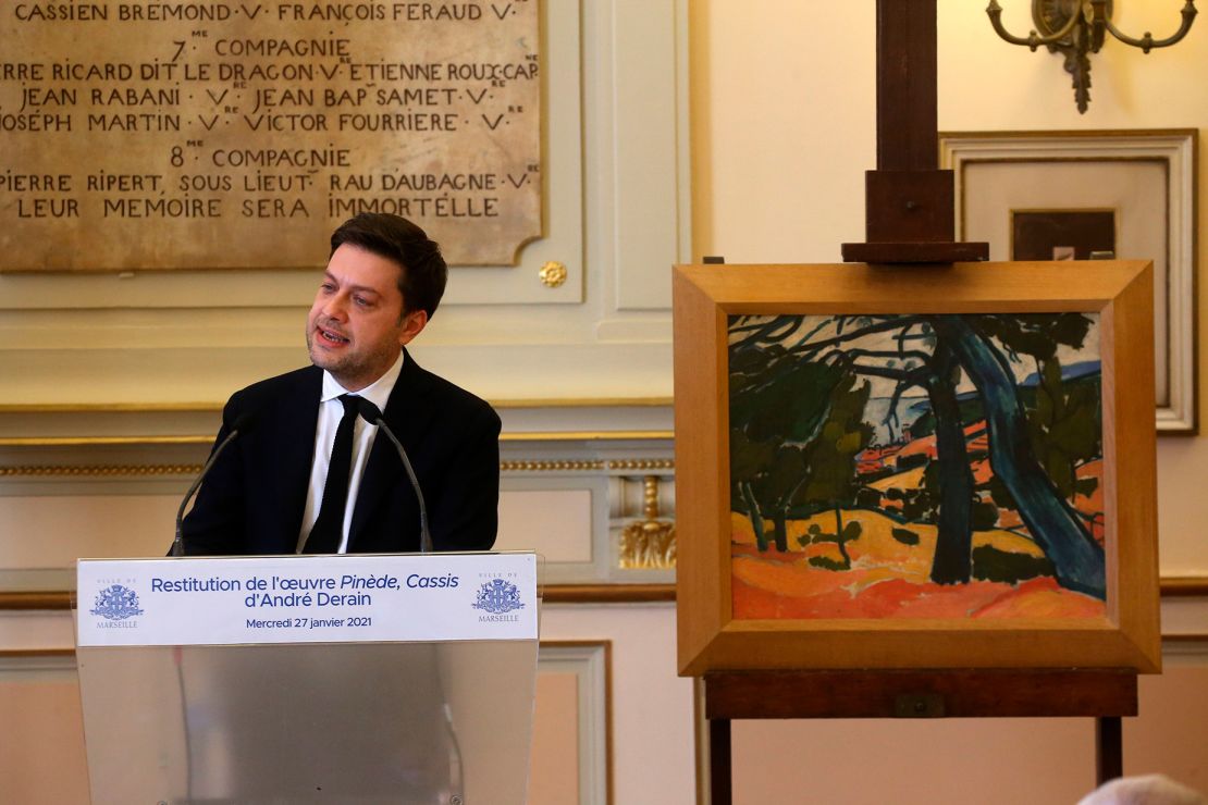 Benoit Payan. Marseille's mayor Benoit Payan gives a speech next to a painting titled ''La pinede in Cassis'' by French painter Andre Derain on January 27, 2021 in Marseille during a ceremony to give it back to the family of Rene Gimpel, as it was robbed by the nazis during WWII. Le maire de Marseille Benoit Payan prononce un discours a cote du tableau intitule La pin'de a Cassis du peintre francais Andre Derain le 27 janvier 2021 a Marseille lors d'une ceremonie pour le rendre a la famille de Rene Gimpel, car il a ete vole et spolie par les nazis pendant la Seconde Guerre mondiale. (Sipa via AP Images)