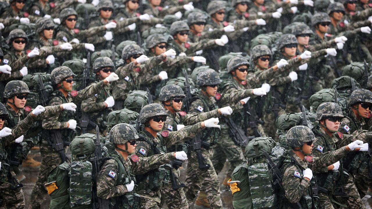 South Korean troops marched during the military parade in Seoul, South Korea, on September 26, 2023.