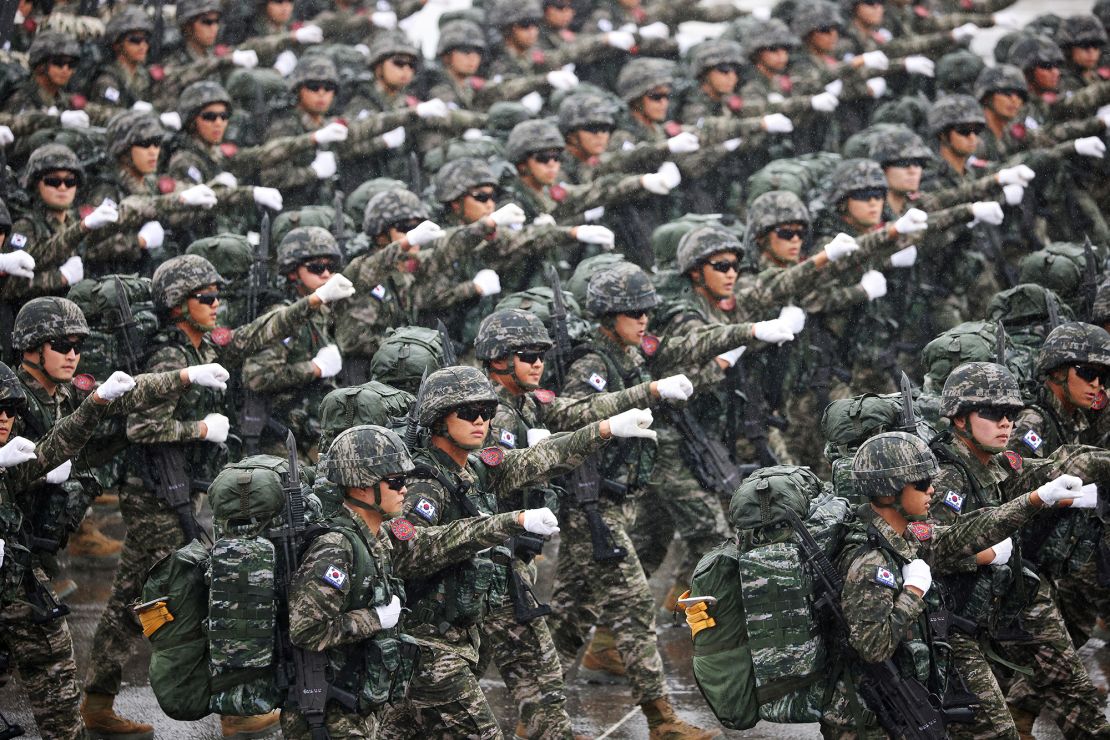 South Korean troops marched during the military parade in Seoul, South Korea, on September 26, 2023.