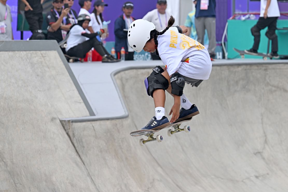 HANGZHOU, CHINA - SEPTEMBER 25: Alegado Mazel Paris of Team Philippines competes in the Skateboarding Women's Park Final on day two of the 19th Asian Games at Qiantang Roller Sports Centre on September 25, 2023 in Hangzhou, Zhejiang Province of China. (Photo by VCG/VCG via Getty Images)
