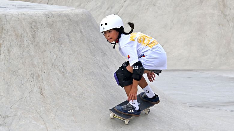 HANGZHOU, CHINA - SEPTEMBER 25: Alegado Mazel Paris of Team Philippines competes in the Skateboarding Women's Park Final on day two of the 19th Asian Games at Qiantang Roller Sports Centre on September 25, 2023 in Hangzhou, Zhejiang Province of China. (Photo by VCG/VCG via Getty Images)