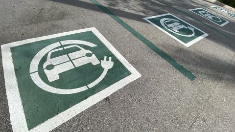 An electric vehicle charging station at Alton Shopping Center parking lot, in Palm Beach Gardens, Florida, on February 11, 2023.