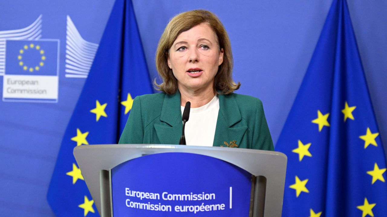 European Commission Vice-president in charge of Values and Transparency, Vera Jourova speaks during a press conference in Brussels, Belgium on September 26, 2023. 