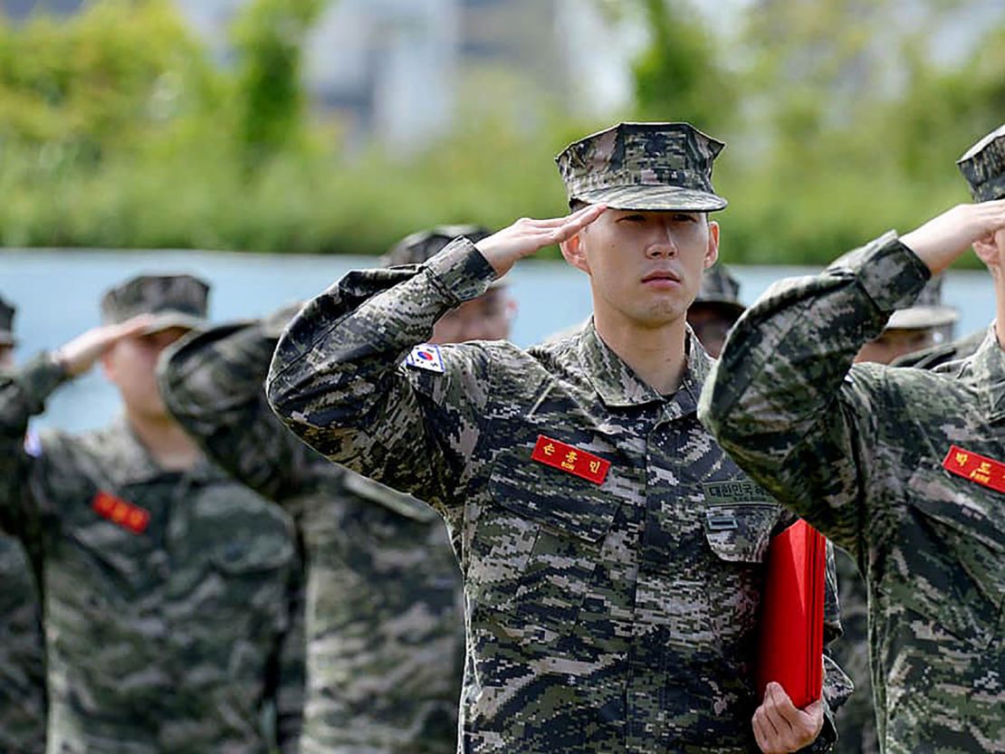Tottenham Hotspur forward Son Heung-min salutes during the completion ceremony at a Marine Corps boot camp in Seogwipo, Jeju, South Korea.