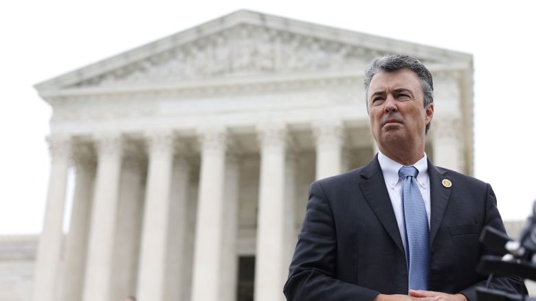 Attorney General of Alabama Steve Marshall speaks to members of the press after the oral argument of the Merrill v. Milligan case at the U.S. Supreme Court on October 4, 2022 in Washington, DC.