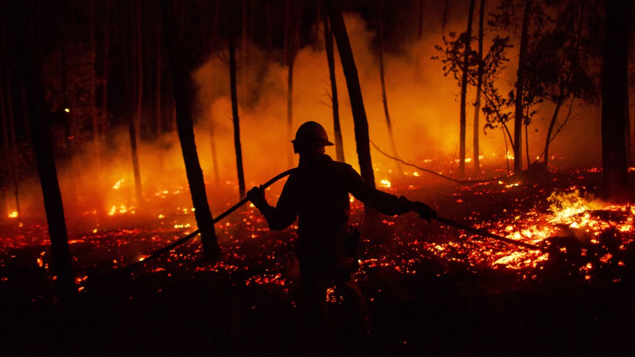 A firefighter battles a fire after wildfires took dozens of lives on June 19, 2017 near Pedrogao Grande, in Leiria district, Portugal. Some of the victims died inside their cars as they tried to flee the area. 