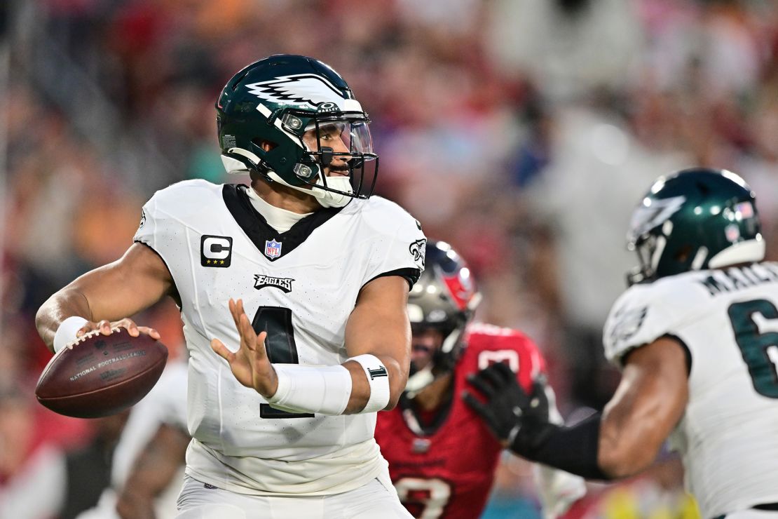 TAMPA, FLORIDA - SEPTEMBER 25: Jalen Hurts #1 of the Philadelphia Eagles looks to pass during the second quarter against the Tampa Bay Buccaneers at Raymond James Stadium on September 25, 2023 in Tampa, Florida. (Photo by Julio Aguilar/Getty Images)