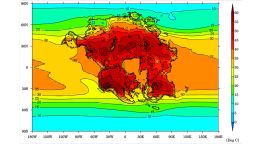 Image shows the warmest month average temperature (degrees Celsius) for Earth and the projected supercontinent (Pangea Ultima) in 250 million years, when it would be difficult for almost any mammals to survive. 