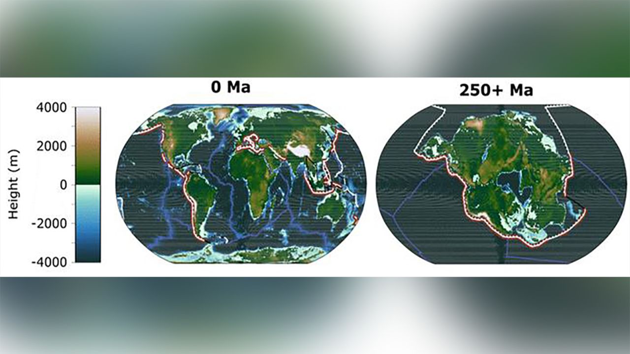 This image shows the geography of today's Earth and the projected geography of Earth in 250 million years, when all the continents converge into one supercontinent (Pangea Ultima). 