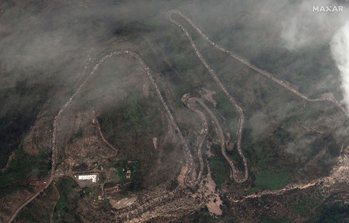 This satellite image shows a traffic jam  along the Lachin corridor as ethnic Armenians flee Nagorno-Karabakh on September 26. The Lachin corridor is the one road connecting the landlocked enclave to Armenia. The road was only recently opened to allow residents to flee.