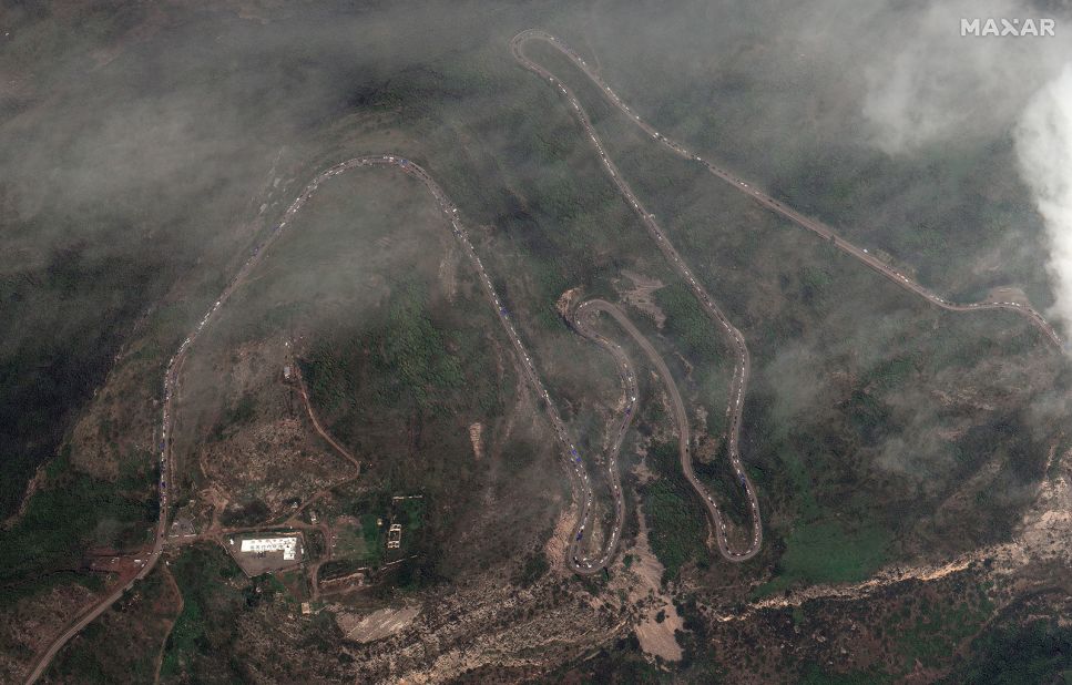 This satellite image shows a traffic jam along the Lachin corridor as ethnic Armenians flee Nagorno-Karabakh on September 26. The Lachin corridor is the one road connecting the landlocked enclave to Armenia. The road was only recently opened to allow residents to flee.