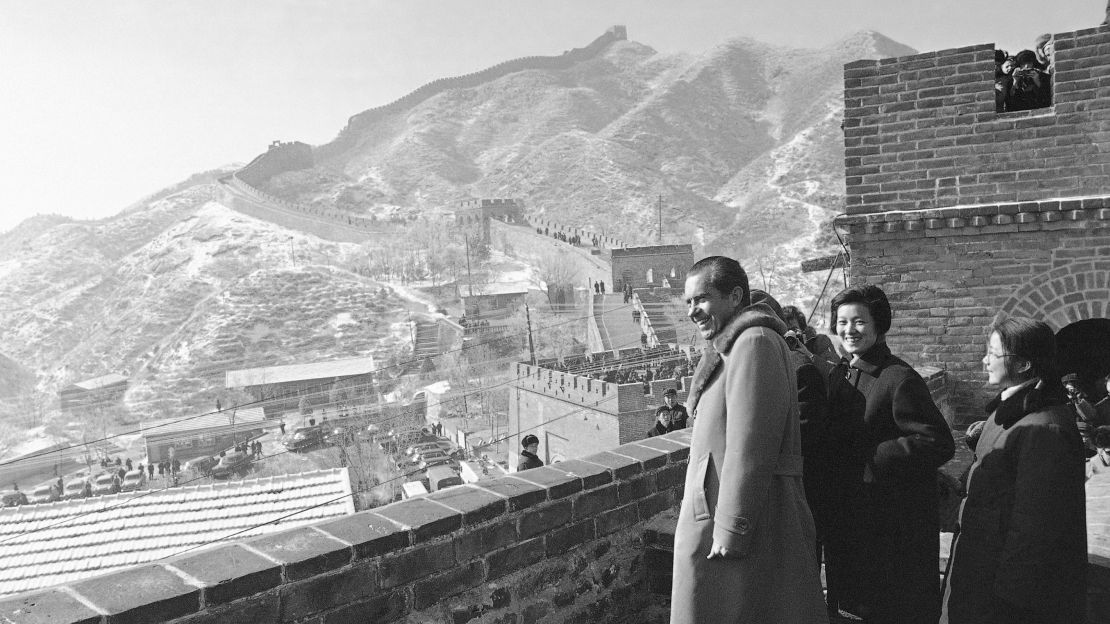 Nixon stands on the Great Wall of China on the outskirts of Beijing.