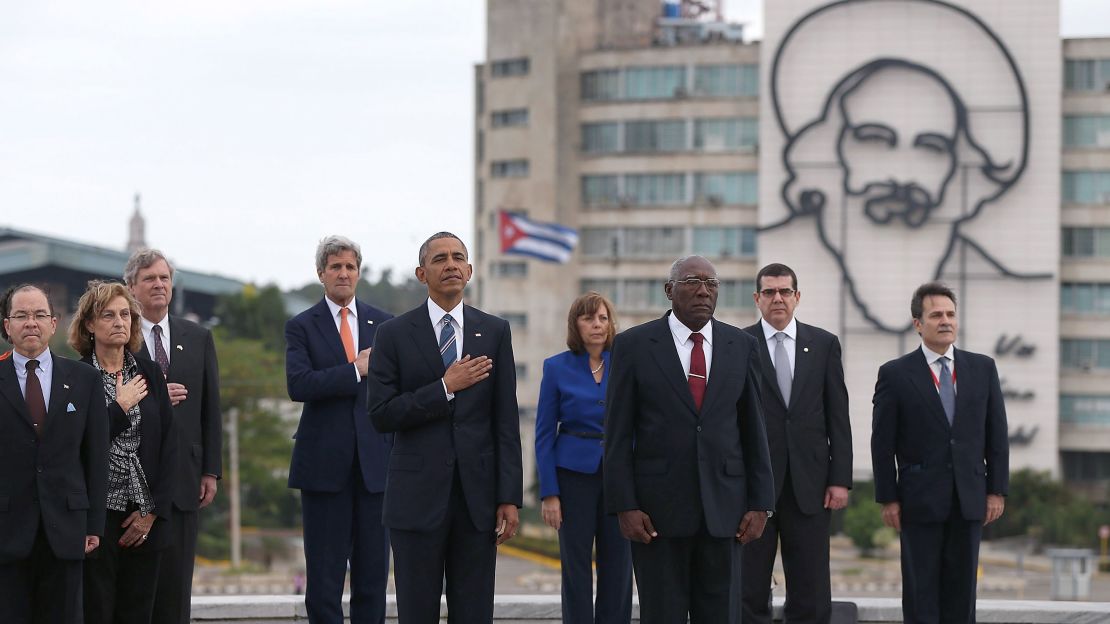 Obama takes part in a wreath-laying ceremony at the Jose Marti memorial in Revolution Square on March 21, 2016, in Havana. 