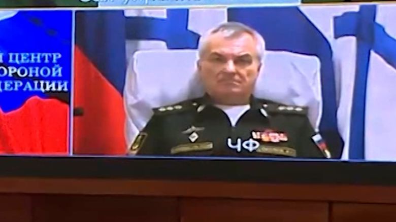 The Russian Ministry of Defense has published video that appears to show the Commander of the Black Sea Fleet, Admiral Viktor Sokolov, participating in a meeting with Defense Minister Sergei Shoigu and other Russian military leaders on Tuesday. The video was posted September 26th and a man who resembles Sokolov appears to join the meeting via video conference. The nametape on his uniform reads Sokolov V. N. and his screen shows the Cyrillic letters "ЧФ," the abbreviation for the Black Sea Fleet. He appears healthy. CNN cannot confirm this is Sokolov, when the meeting took place or where his video appearance was filmed.