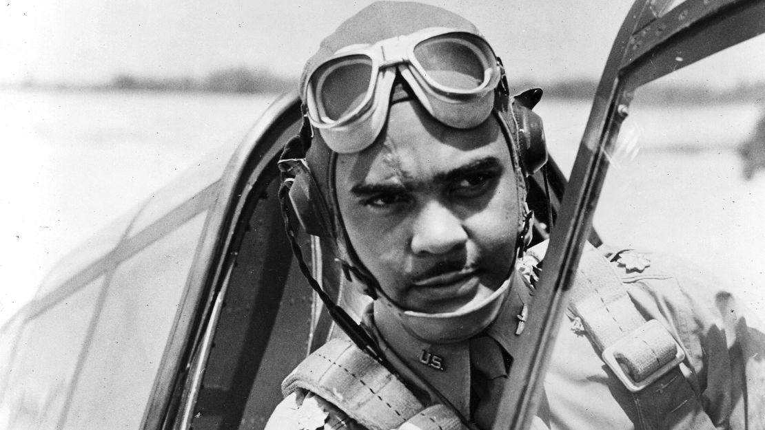 Colonel Benjamin Oliver Davis, Jr (1912 - 2002) poses in his airplane, ca 1950. He holds the highest combat post ever held by an African American in the United States Air Force. (Photo by PhotoQuest/Getty Images)