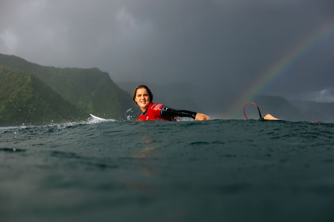 TEAHUPOO, TAHITI, FRENCH POLYNESIA - AUGUST 16: Caroline Marks of the United States after winning the Final at the SHISEIDO Tahiti Pro on August 16, 2023 at Teahupoo, Tahiti, French Polynesia. (Photo by Matt Dunbar/World Surf League via Getty Images)