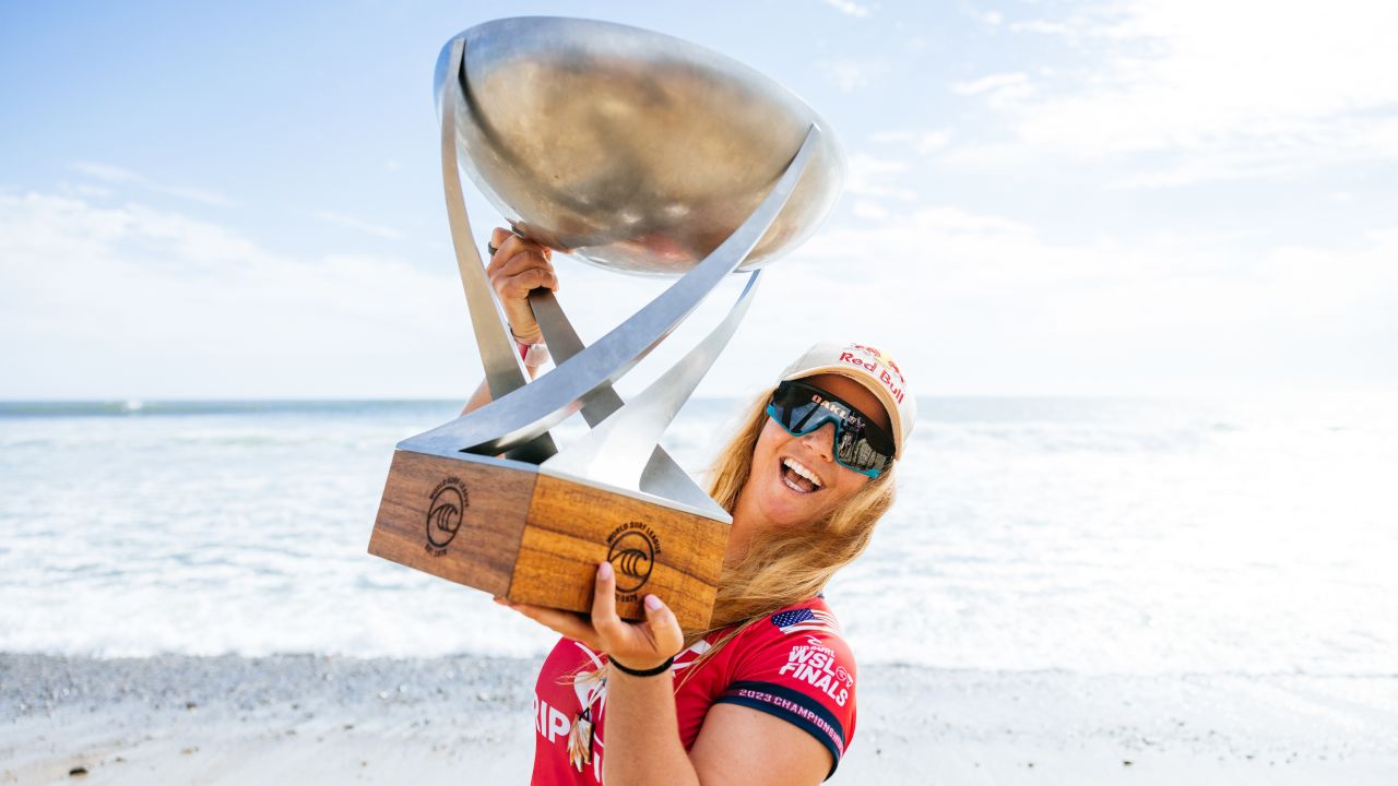 LOWER TRESTLES, CALIFORNIA, UNITED STATES - SEPTEMBER 9: Caroline Marks of the United States after winning the 2023 World Title at the Rip Curl WSL Finals on September 9, 2023 at Lower Trestles, California, United States. (Photo by Pat Nolan/World Surf League via Getty Images)