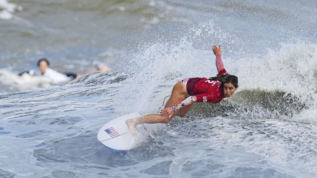 Caroline Marks of the United States competes in the bronze medal match of the women's surfing at the Tokyo Olympics on July 27, 2021, at Tsurigasaki Surfing Beach in Ichinomiya in Chiba Prefecture, eastern Japan. (Kyodo)(SELECTION)
==Kyodo
(Photo by Kyodo News via Getty Images)