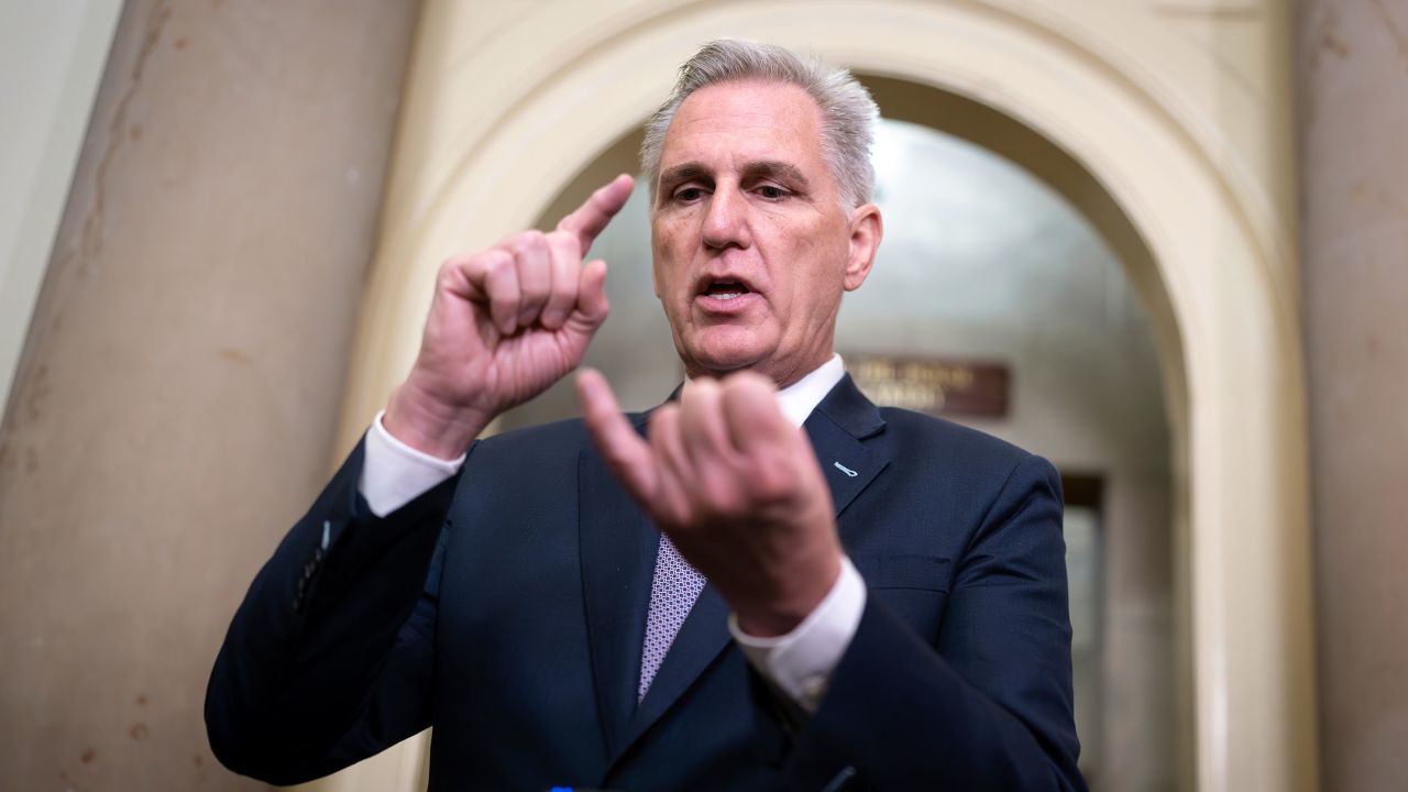 House Speaker Kevin McCarthy talks to reporters at the Capitol in Washington, DC, on September 26, 2023.