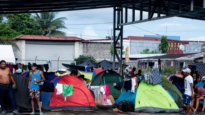 Migrant people are seen at the Paso Canoas refugee camp in Puntarenas, Costa Rica on August 9, 2023. Paso Canoas, the main border crossing between Panama and Costa Rica, has become a crossroads for migrants: those with money stay only a few hours there, and those without see their "American dream" turn into a "nightmare". (Photo by Ezequiel BECERRA / AFP) (Photo by EZEQUIEL BECERRA/AFP via Getty Images)