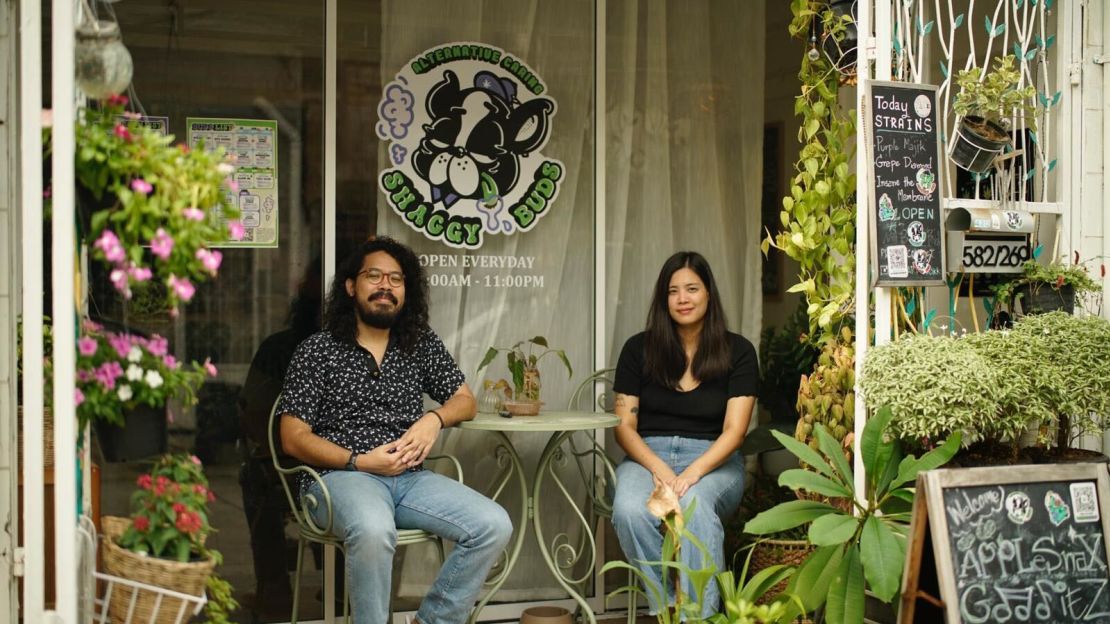 Cannabis couple entrepreneurs Attakrist and Iemvijan at their Shaggy Buds dispensary in Bangkok.