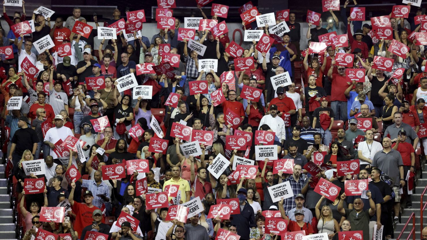 Culinary Union members rally ahead of a strike vote on September 26, 2023 at Thomas & Mack Center on the UNLV campus in Las Vegas, Nevada.