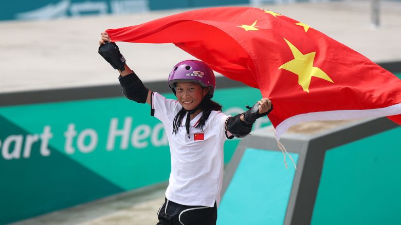 China's Cui Chenxi celebrates after winning the Skateboarding - Women's Street Final on day four of the 19th Asian Games in Hangzhou, China.