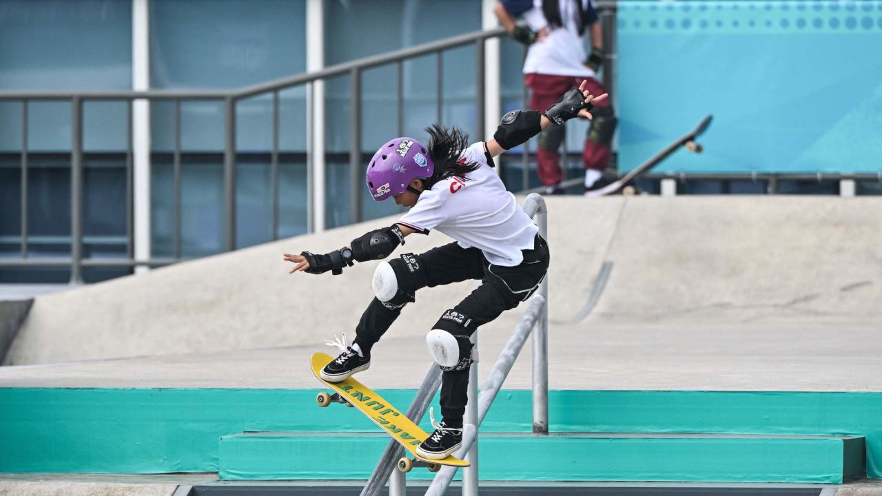 China's Cui Chenxi competes in the final of the women's street skateboarding event during the 2022 Asian Games in Hangzhou.