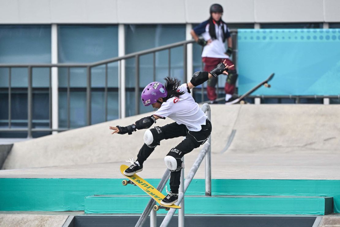 China's Cui Chenxi competes in the final of the women's street skateboarding event during the 2022 Asian Games in Hangzhou.