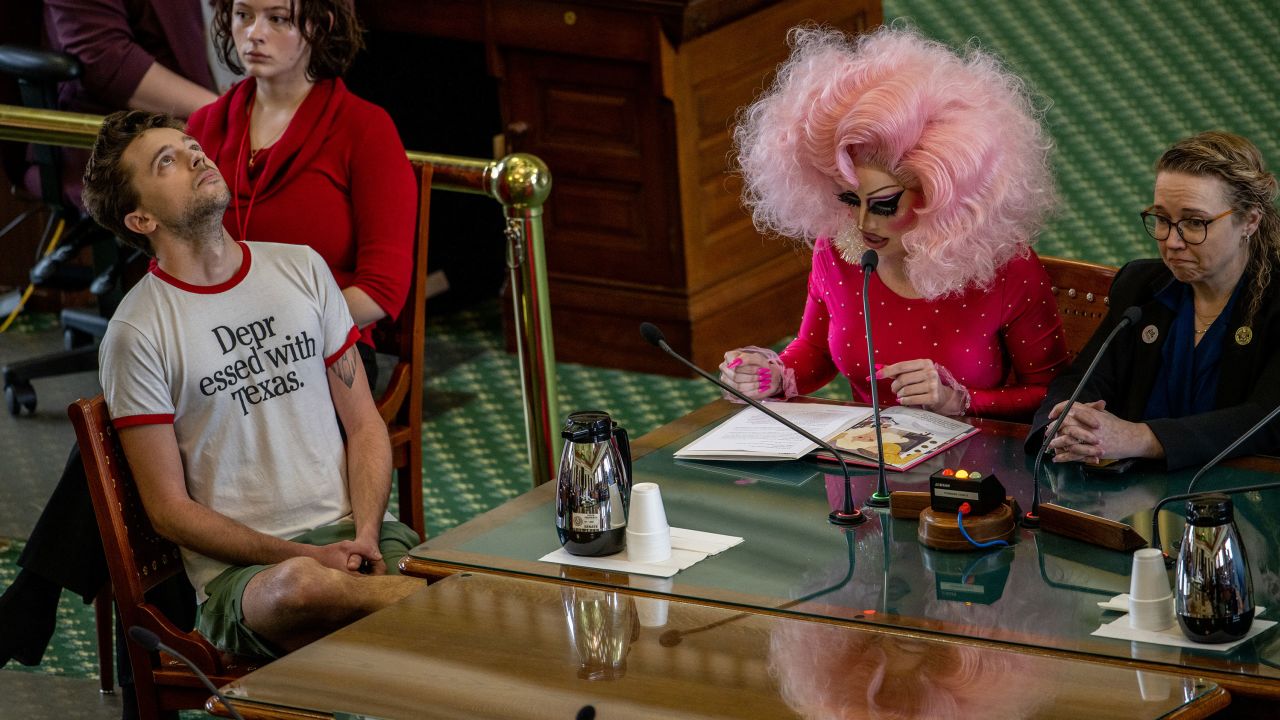 ATX Drag Queen Brigitte Bandit gives testimony in the Senate Chamber at the Texas State Capitol on March 23, 2023 in Austin, Texas. People across the state of Texas showed up to give testimony as proposed Senate bills SB12 and SB1601, which would regulate drag performances, were discussed before the Chamber. (Photo by Brandon Bell/Getty Images)