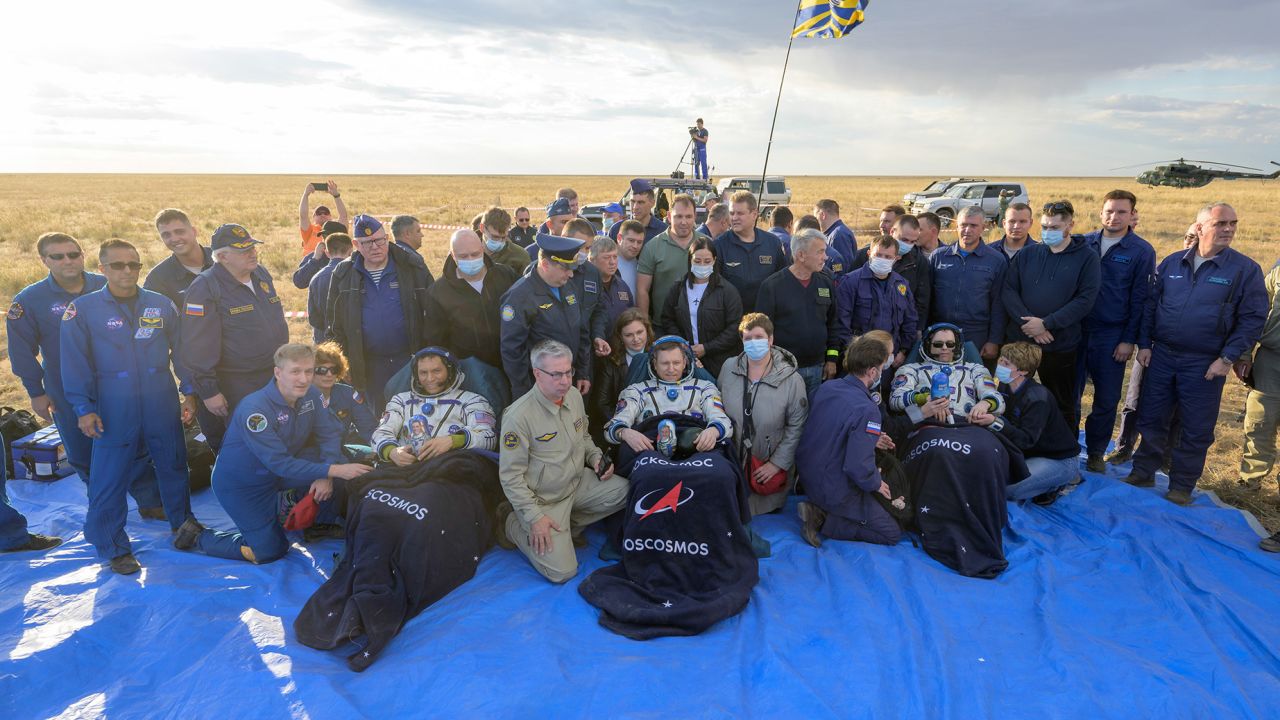 Expedition 69 NASA astronaut Frank Rubio left, Roscosmos cosmonauts Sergey Prokopyev, center, and Dmitri Petelin sit in chairs outside the Soyuz MS-23 spacecraft after they landed in a remote area near the town of Zhezkazgan, Kazakhstan on Wednesday, Sept. 27, 2023. The trio are returning to Earth after logging 371 days in space as members of Expeditions 68-69 aboard the International Space Station. For Rubio, his mission is the longest single spaceflight by a U.S. astronaut in history.