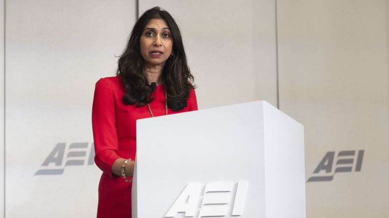 Britain's Home Secretary Suella Braverman speaks on immigration at the American Enterprise Institute on Tuesday, Sept. 26, 2023, in Washington. (AP Photo/Kevin Wolf)