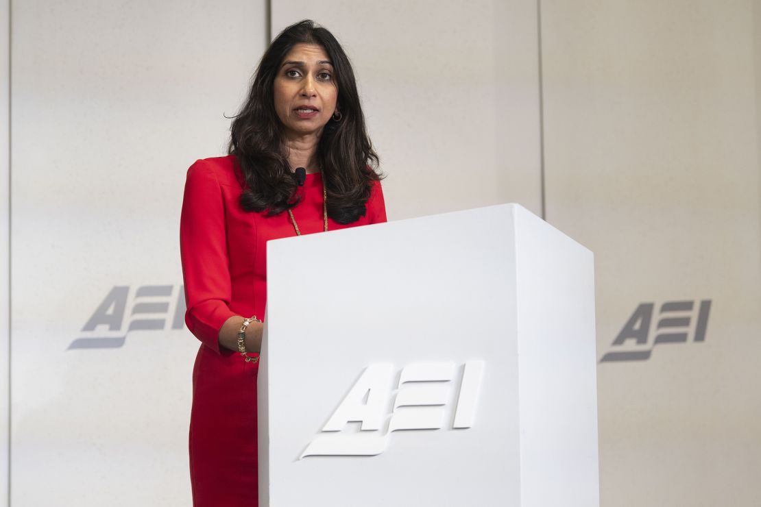UK Home Secretary Suella Braverman delivers an address on migration challenges at the American Enterprise Institute in Washington on September 26.