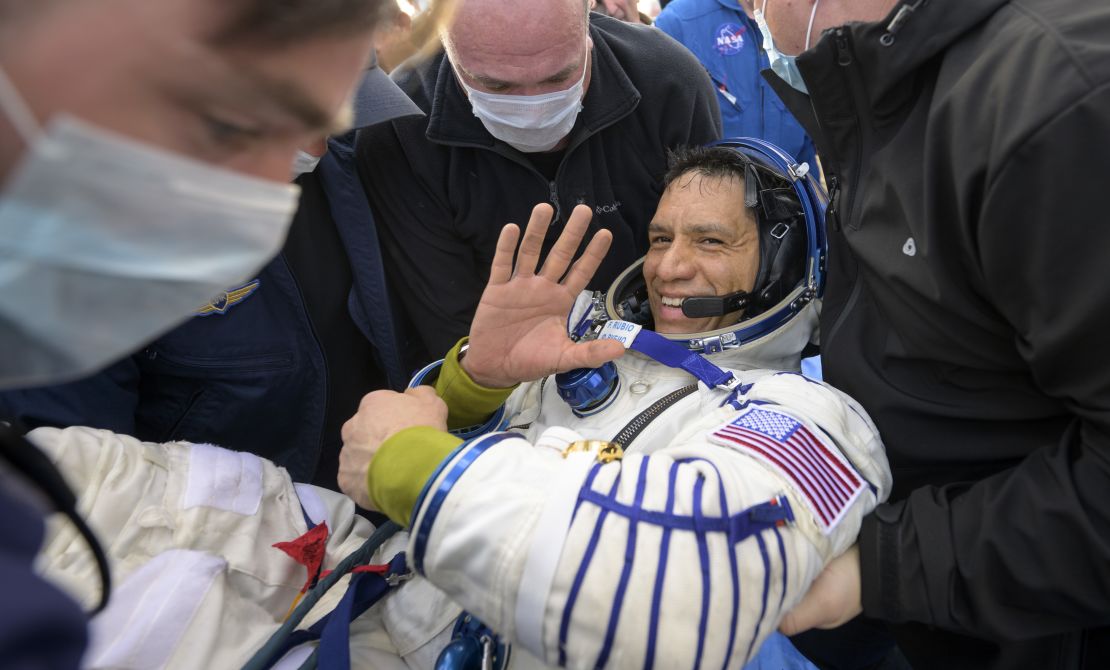 ZHEZKAZGAN, KAZAKHSTAN - SEPTEMBER 27:  In this handout provided by NASA, Expedition 69 NASA astronaut Frank Rubio is helped out of the Soyuz MS-23 spacecraft just minutes after he and Roscosmos cosmonauts Sergey Prokopyev and Dmitri Petelin, landed in a remote area near the town of Zhezkazgan, Kazakhstan on September 27, 2023. The trio are returning to Earth after logging 371 days in space as members of Expeditions 68-69 aboard the International Space Station. For Rubio, his mission is the longest single spaceflight by a U.S. astronaut in history. (Photo by Bill Ingalls/NASA via Getty Images)