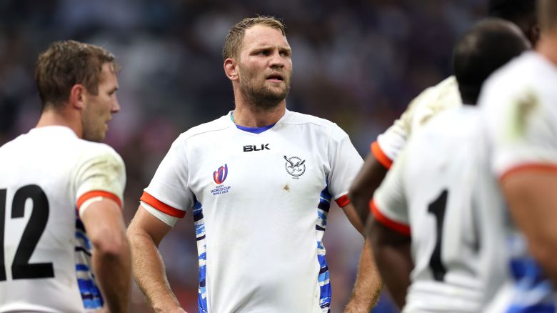 MARSEILLE, FRANCE - SEPTEMBER 21: Johan Retief of Namibia looks dejected during the Rugby World Cup France 2023 match between France and Namibia at Stade Velodrome on September 21, 2023 in Marseille, France. (Photo by Phil Walter/Getty Images)