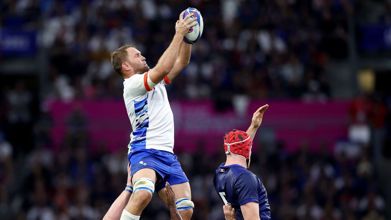 Johan Retief of Namibia wins the ball in a lineout during the Rugby World Cup match between France and Namibia at Stade Velodrome in Marseille, France on September 21, 2023.
