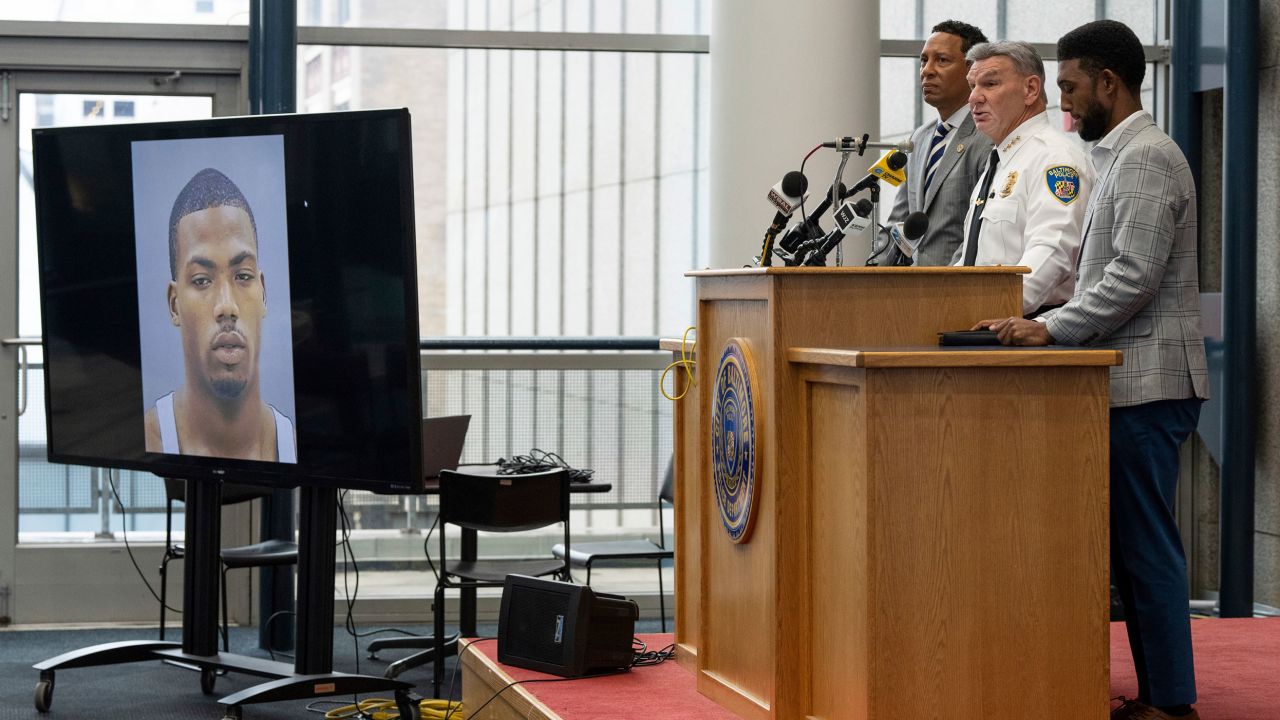 Baltimore State's Attorney Ivan J. Bates, left, Police Commissioner Rich Worley, center, and Mayor Brandon Scott appear at a Tuesday news conference about the investigation of Pava LaPere's death.