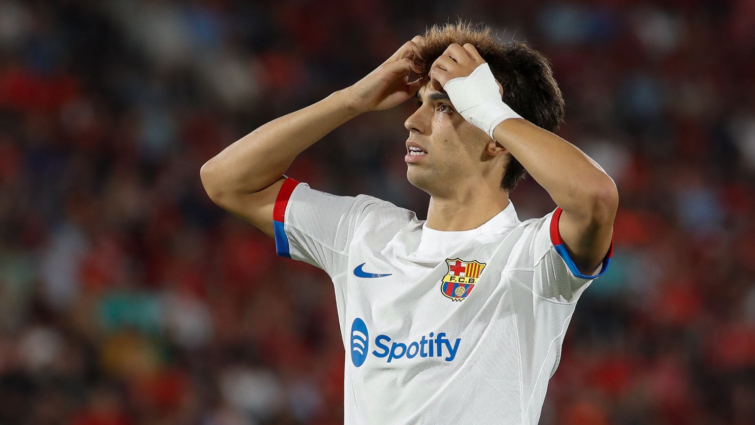 Barcelona's Portuguese forward #14 Joao Felix reacts during the Spanish Liga football match between RCD Mallorca and FC Barcelona at the Mallorca Son Moix stadium in Palma de Mallorca on September 26, 2023. (Photo by JAIME REINA / AFP) (Photo by JAIME REINA/AFP via Getty Images)